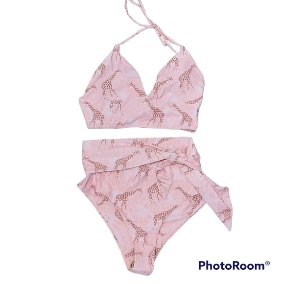 Pink Giraffe Sash Back Tie Bikini Swimsuit Sz XL - Picture 1 of 16